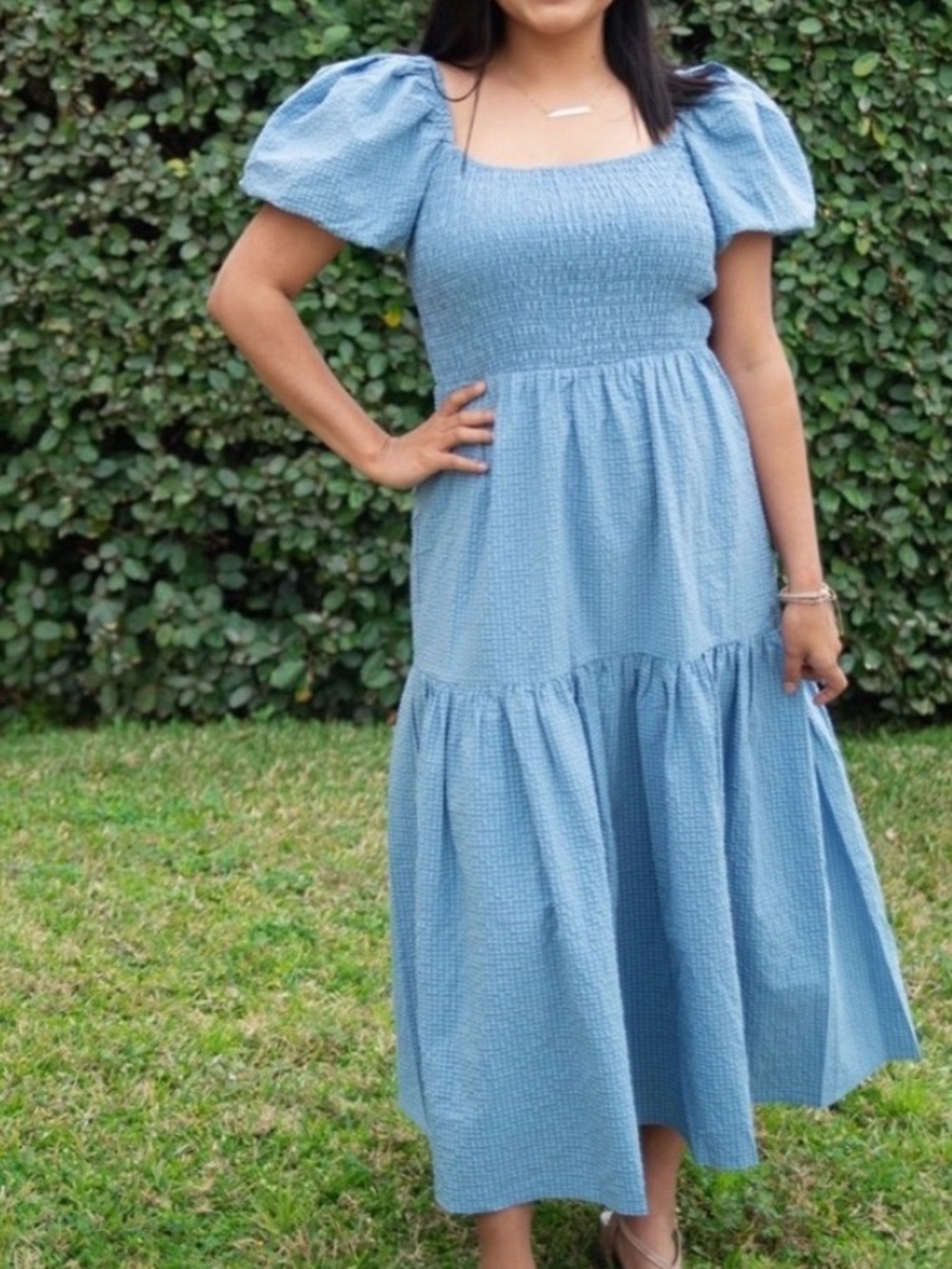 EUC Jessakae Blue Gingham Smocked Puff Sleeve Midi Dress 2XL